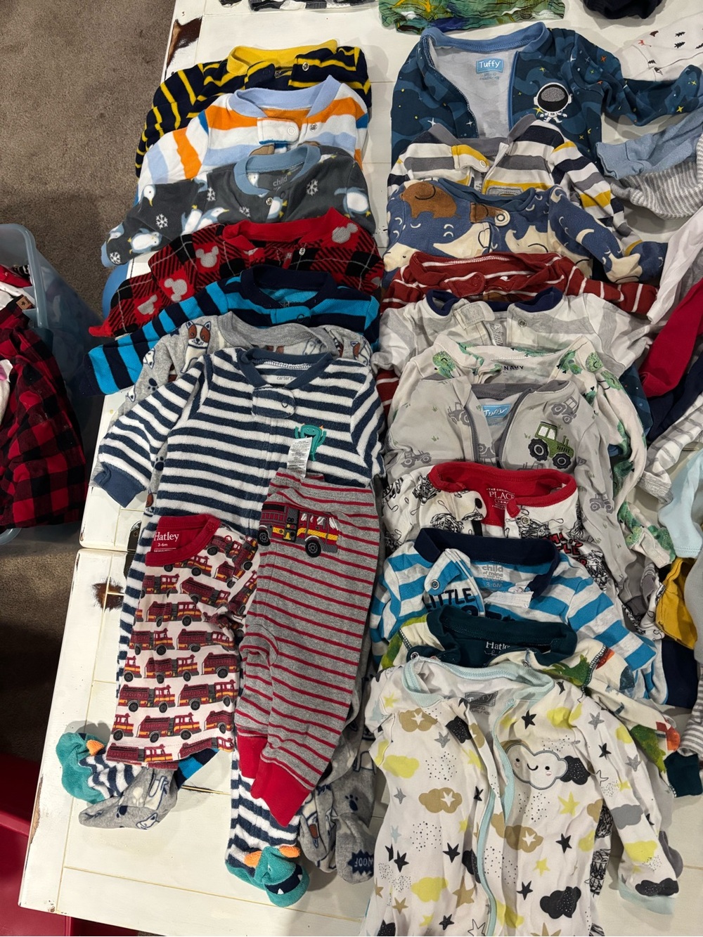 Hatley Navy & White Striped Baby Footie with Red Firetruck Accents